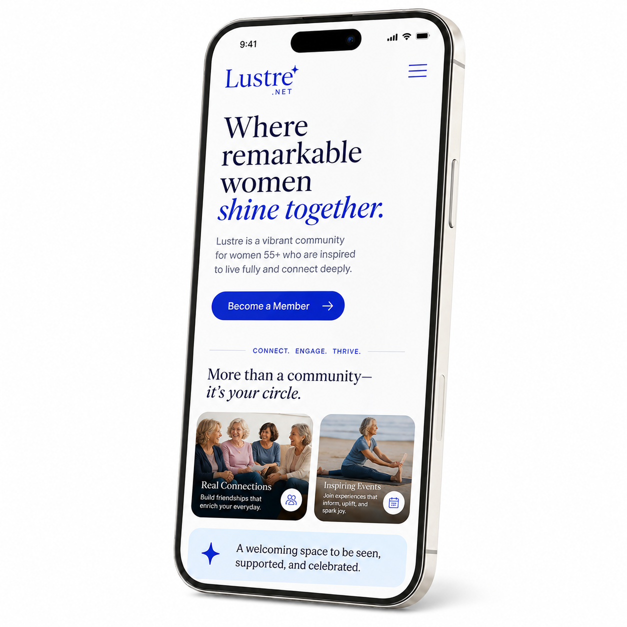 Lustre membership community website shown on a phone